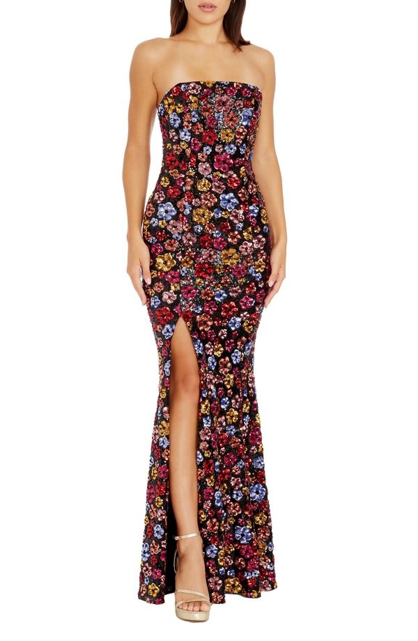 ドレスザポプレーション レディース トップス ワンピース フラワー柄 スパンコール フラワー Dress the Population Janelle Floral Sequin Gown Black Multi ブラック