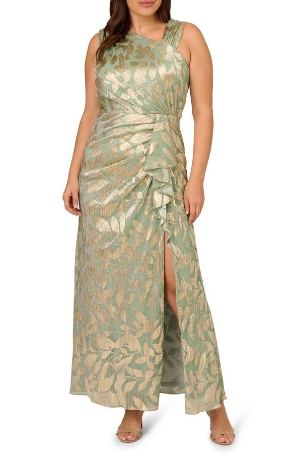 アドリアナ パペル レディース トップス ワンピース アシンメトリー トール Adrianna Papell Asymmetric Metallic Foileaf Gown Sage Gold セージ