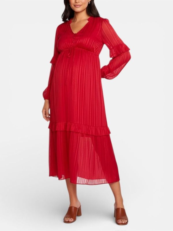 マザーフッドマタニティー レディース トップス ワンピース Vネック ティアード マキシ MOTHERHOOD MATERNITY VNeck Long Sleeve Tiered Maxi Dress Bright Cherry