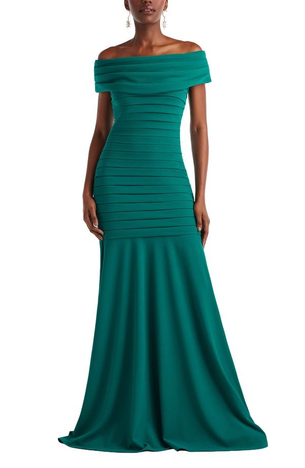 タダシショージ レディース トップス ワンピース プリーツ Tadashi Shoji Pleated Off the Shoulder Mermaid Gown Emerald エメラルド