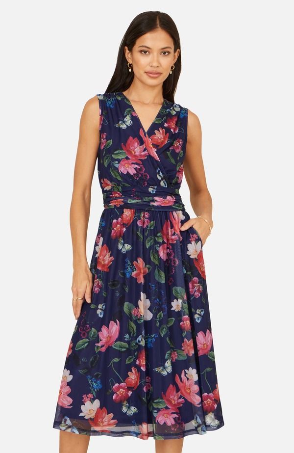 ユミキム レディース トップス ワンピース フラワー柄 プリント メッシュ ミディ フラワー Yumi Floral Print Mesh Stretch Midi Dress Navy ネイビー