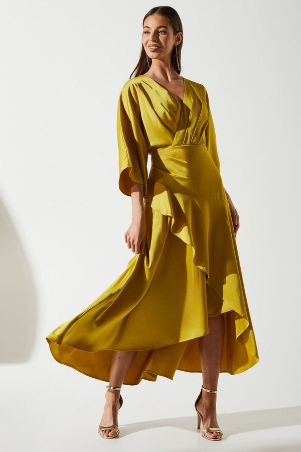 コースト レディース トップス ワンピース クレープ フリル ミディ サテン Coast Satin Crepe Ruffle Wrap Midi Dress Olive オリーブ