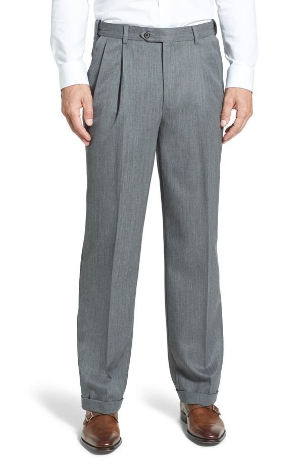 ベール メンズ ボトムス カジュアルパンツ プリーツ ウール Berle Self Sizer Waist Pleated Classic Fit Wool Gabardine Dress Pants Medium Grey グレー