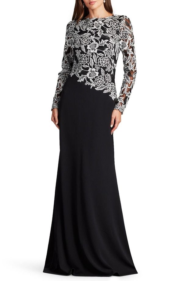 タダシショージ レディース トップス ワンピース クレープ スパンコール レース Tadashi Shoji Sequin Lace Long Sleeve Crepe Gown Ivory Black アイボリー