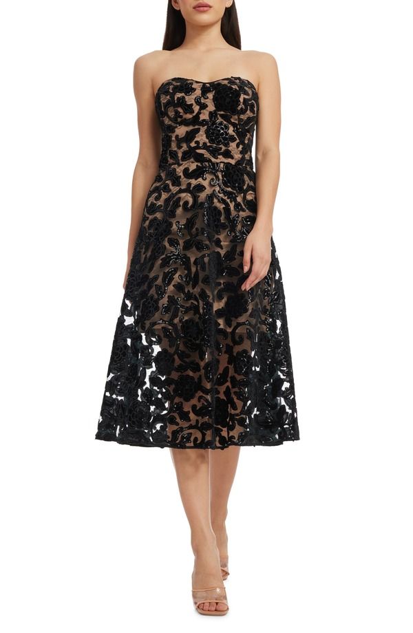 ドレスザポプレーション レディース トップス ワンピース A ライン フラワー柄 スパンコール ストラップレス フラワー Dress the Population Sadie Floral Sequin Strapless ALine Dress BlackB