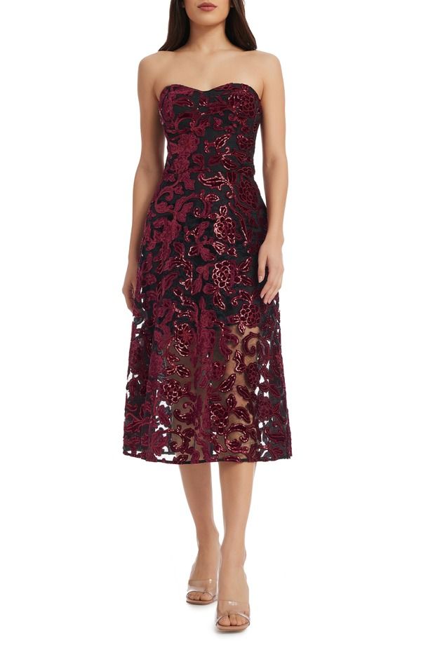 ドレスザポプレーション レディース トップス ワンピース A ライン フラワー柄 スパンコール ストラップレス フラワー Dress the Population Sadie Floral Sequin Strapless ALine Dress Burgun