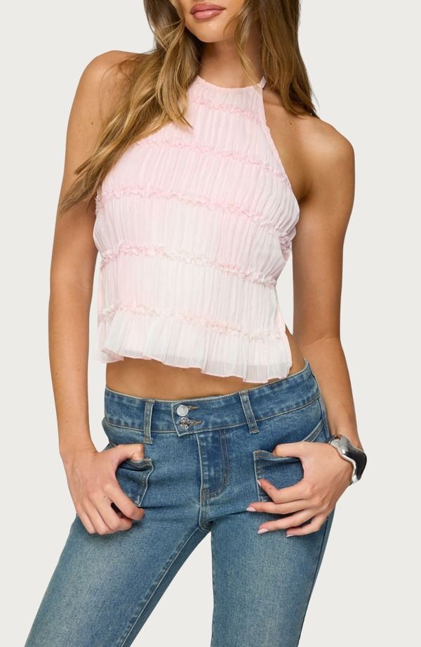 アディクテッド レディース トップス シャツ ティアード シフォン フリル ホルター EDIKTED Amit Ruffle Tiered Chiffon Halter Top LightPink ピンク