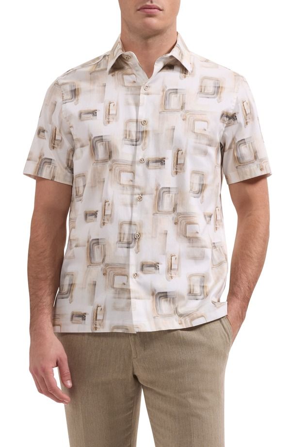 ブガッチ メンズ トップス シャツ プリント コットン Bugatchi Vero Shaped Fit Abstract Print Short Sleeve Stretch Cotton ButtonUp Shirt Desert
