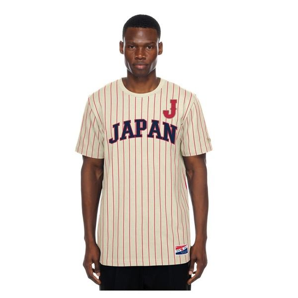 ニューエラ メンズ トップス Tシャツ メッシュ Mens New Era Cream Japan Baseball Throwback Meshback Pinstripe TShirt Cream クリーム