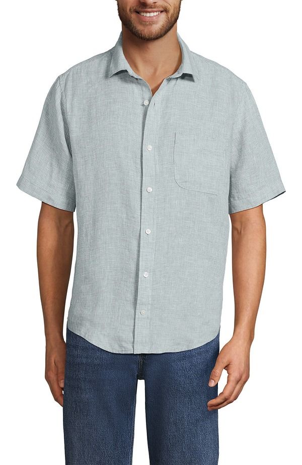 ランズエンド メンズ トップス シャツ リネン Lands End Traditional Fit Short Sleeve Linen Shirt Paleucalyptus