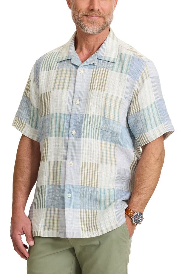 トッミーバハマ メンズ トップス シャツ パッチワーク コットン リネン Tommy Bahama Patchwork Sands Linen Cotton Camp Shirt Biscotti Tan タン