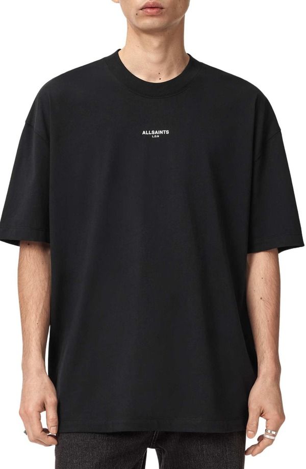 オールセインツ メンズ トップス Tシャツ コットン グラフィック AllSaints Mikroversize Cotton Graphic TShirt Washed Black ブラック