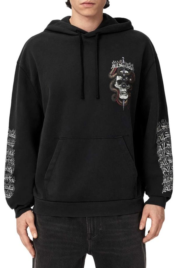 オールセインツ メンズ アウター パーカー・スウェット グラフィック AllSaints Araknid Graphic Hoodie Washed Black ブラック