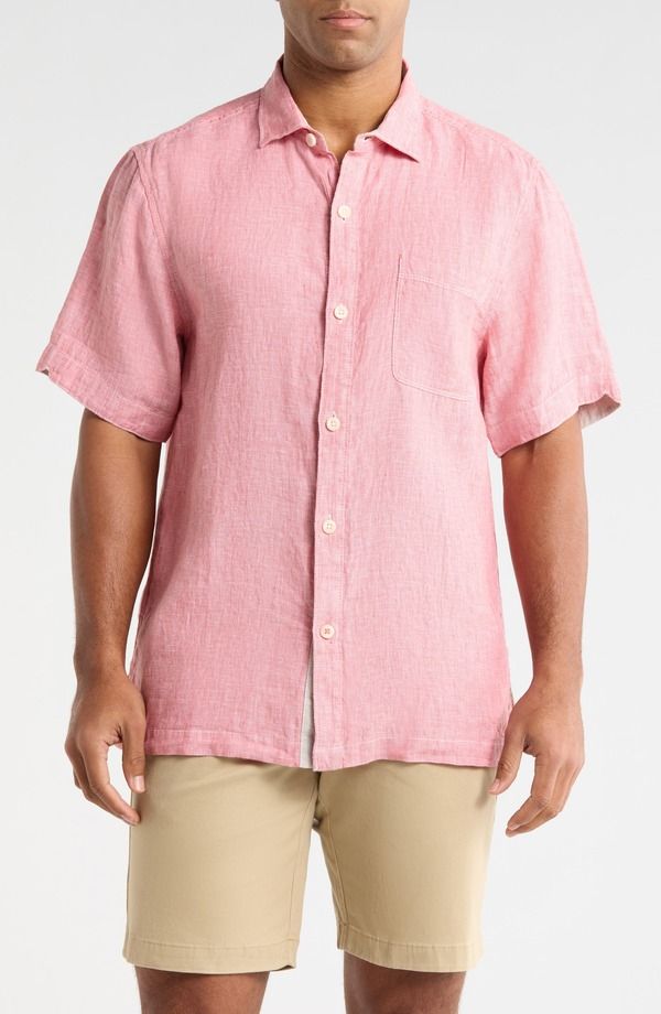 トッミーバハマ メンズ トップス シャツ リネン Tommy Bahama Paradise Breezer Short Sleeve Linen ButtonUp Shirt Red Sunset レッド