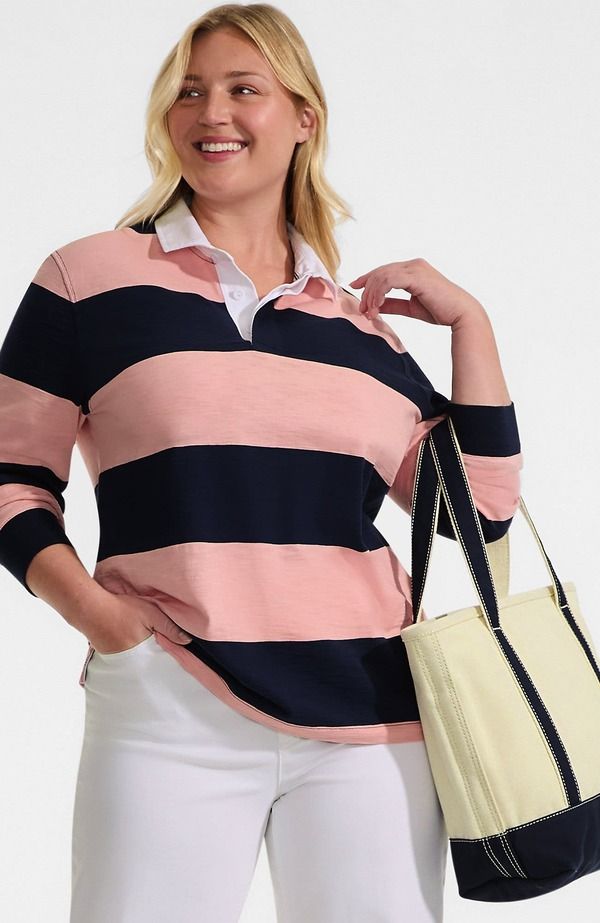 ランズエンド メンズ トップス ポロシャツ Lands End Long Sleeve Textured Rugby Polo NavySunset Coral Pink Stripe ネイビー