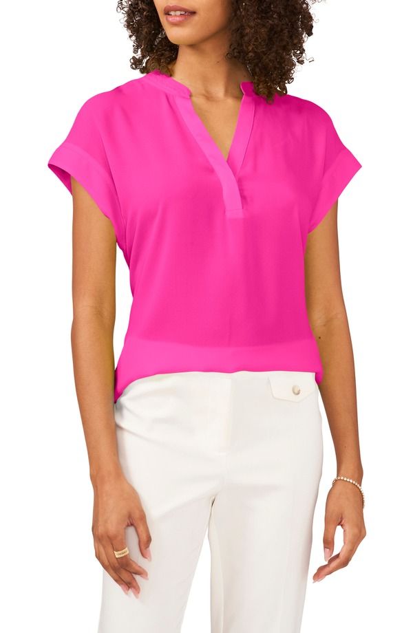 チャウス レディース トップス シャツ ジョーゼット ブラウス Chausplit Neck Georgette Blouse Fiercely Fuchsia フューシャ