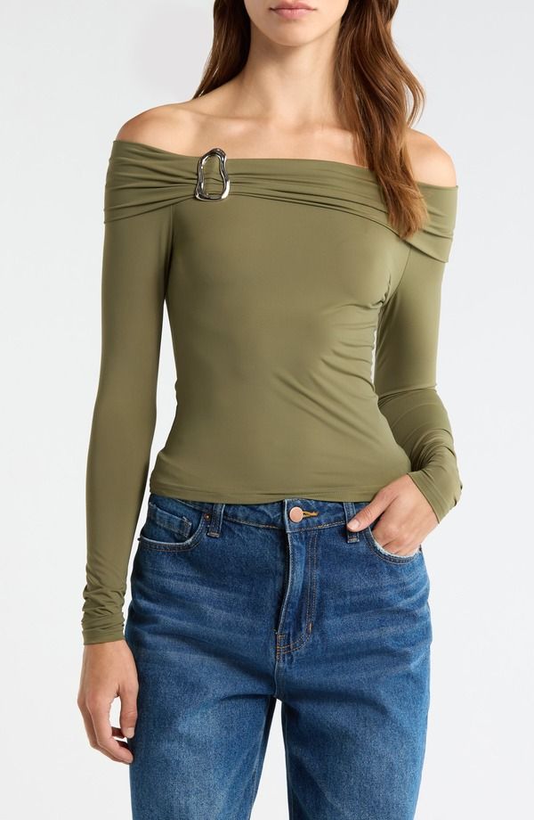パクサン レディース トップス シャツ PacSun Lannie Hardware Off the Shoulder Top Green グリーン