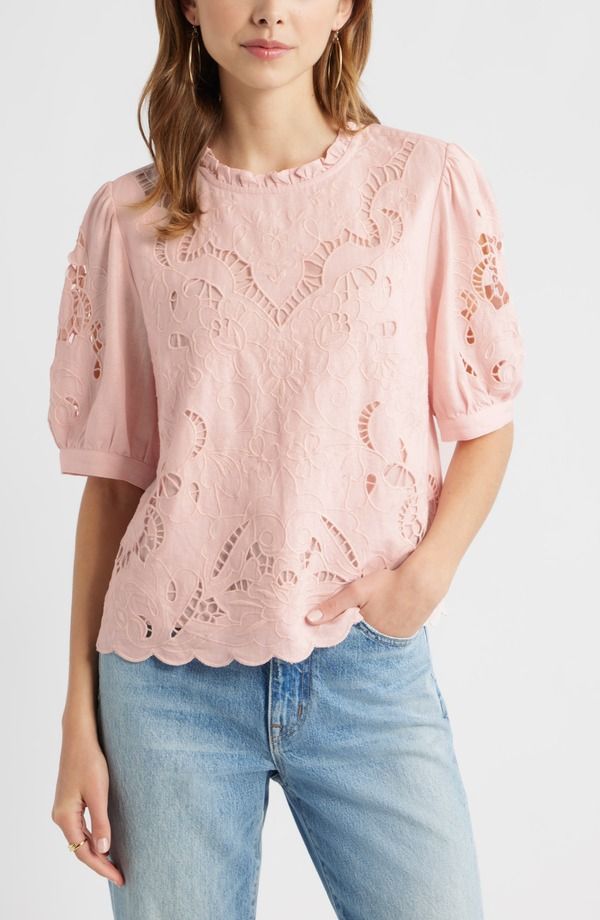 トレジャーアンドボンズ レディース トップス シャツ 刺繍 リネン Treasure Bond Embroidered Cutwork Puff Sleeve Linen Blend Topink Lotus ピンク
