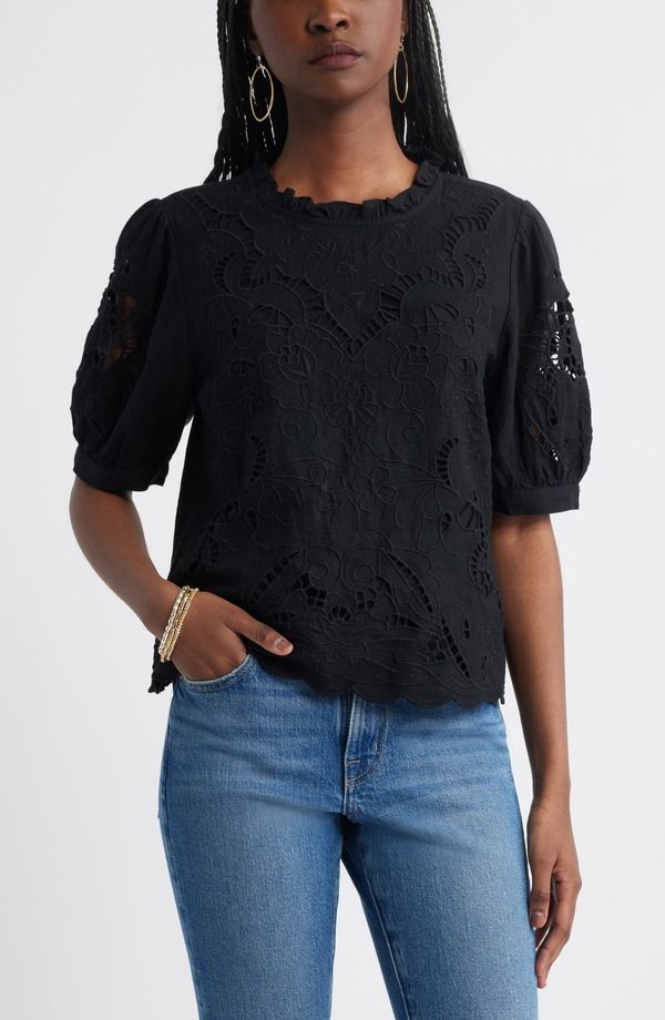 トレジャーアンドボンズ レディース トップス シャツ 刺繍 リネン Treasure Bond Embroidered Cutwork Puff Sleeve Linen Blend Top Black ブラック