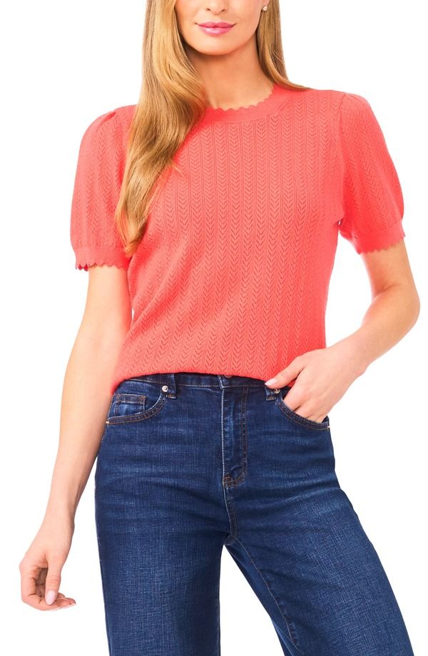 セセ レディース アウター ニット・セーター CeCe Short Sleeve Pointelle Stitch Sweater Cameo Coral コーラル