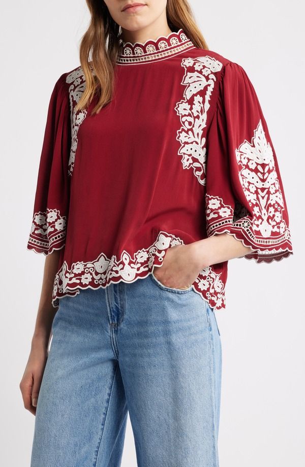 ファーム レディース トップス シャツ 刺繍 FARM Rio Palm Treembroidered Top Burgundy バーガンディ