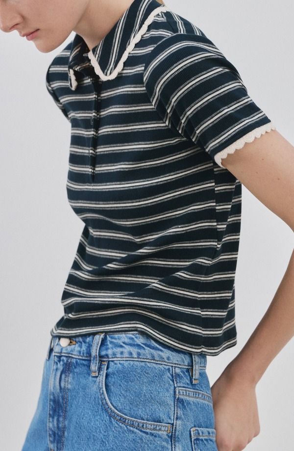 マンゴ レディース トップス シャツ MANGO Stripe Scallop Collar Polo Navy ネイビー