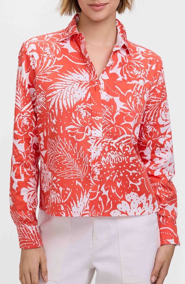 フォックスクラフト レディース トップス シャツ フラワー柄 コットン フラワー Foxcroft Jodie Tropical Floral Cotton ButtonUp Shirt Peachy Orange White ホワイト