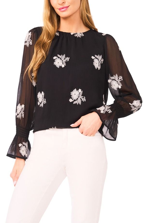 セセ レディース トップス シャツ フラワー柄 ジョーゼット フリル 刺繍 フラワー CeCe Floral Embroidered Ruffle Cuff Georgette Top Rich Black ブラック 18,346円