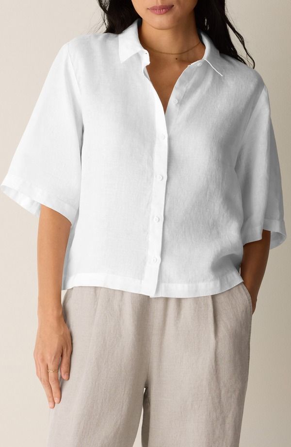 エイリーンフィッシャー レディース トップス シャツ リネン Eileen Fisher Classicollar Elbow Sleeve Organic Linen ButtonUp Shirt White ホワイト