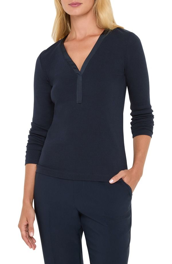 ニックプラスゾーイ レディース トップス シャツ Vネック ニット NICZOE Trimmed Knit Rib VNeck Top Dark Indigo インディゴ