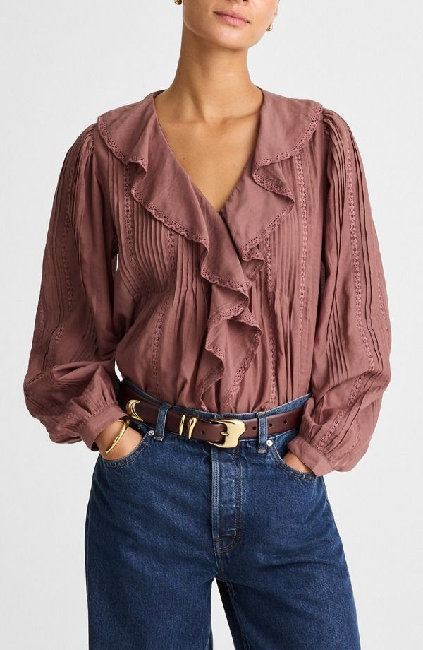 メイドウェル レディース トップス シャツ フリル レース Madewellace Insert Ruffle Pintuck Long Sleeve Top Burnt Soil