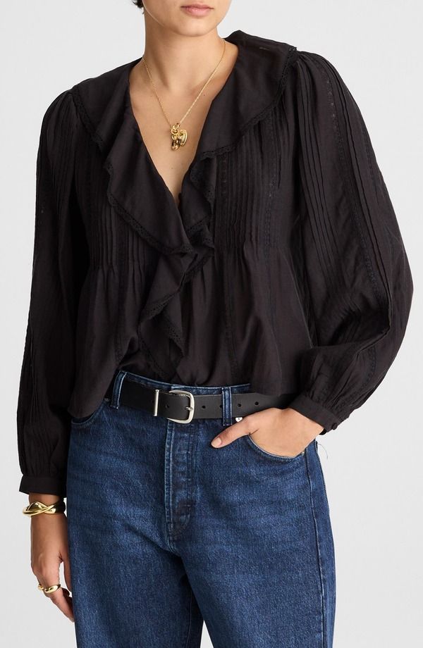 メイドウェル レディース トップス シャツ フリル レース Madewellace Insert Ruffle Pintuck Long Sleeve Top Jet Black ブラック