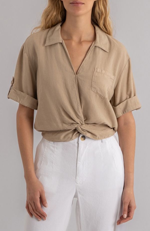 カットフロムザクロス レディース トップス シャツ リネン KUT from the Kloth Rebel Knot Front Linen Blend Top Stone ストーン