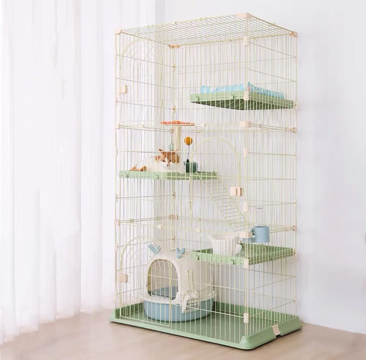 ☆新品☆キャットケージ 3段 幅76×奥行50.5×高さ133cm 猫用ケージ トレー付き 棚板・はしご付き 室内用 大型扉 組立簡単 グリーン aa088f25