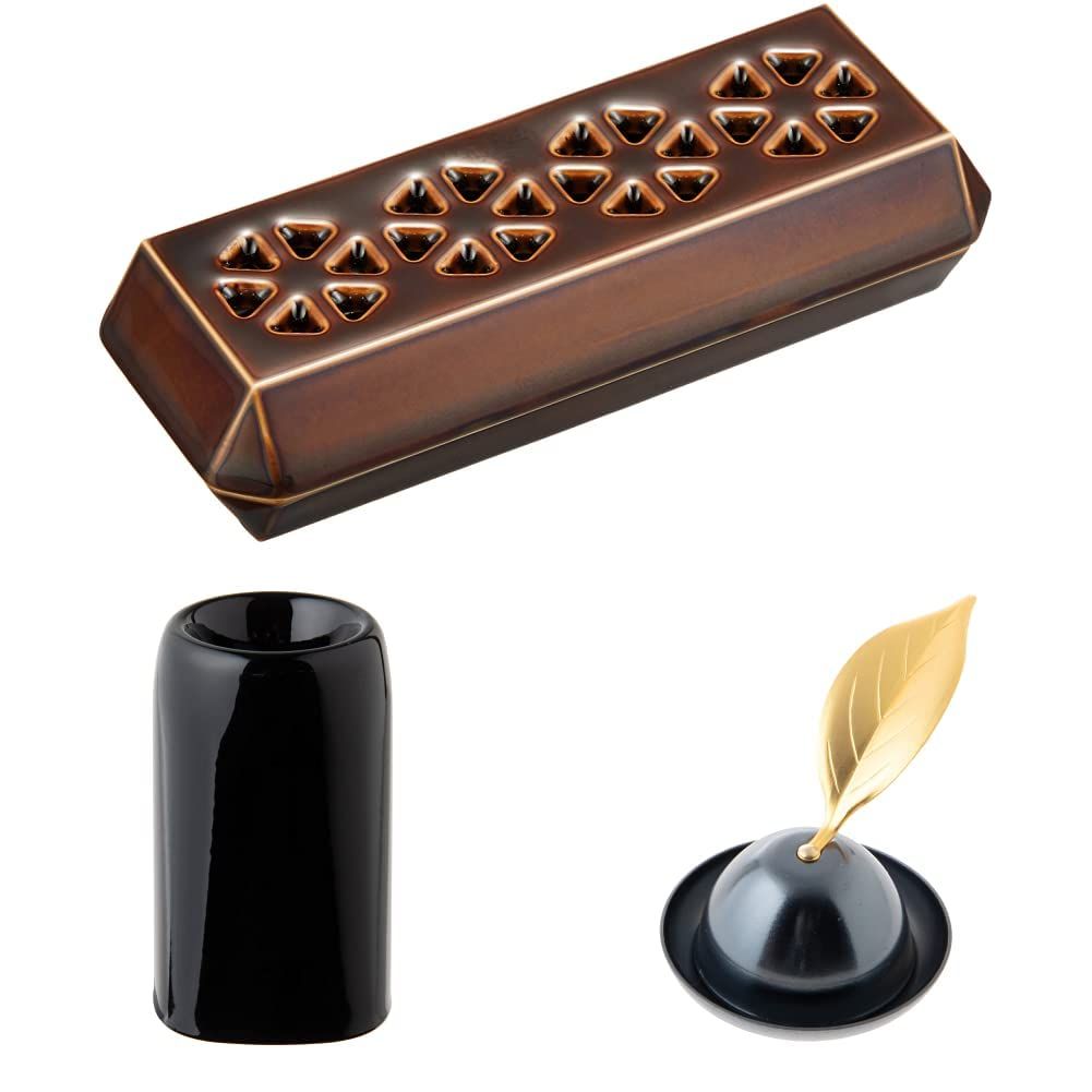 新品 【仏具セット】寝かせる線香皿+線香差し+ろうそく消し 仏壇用品・仏具小物 ミニサイズ仏具 お香立てカラー:アメ釉 小 線香差しカラー:黒 小 ろうそく消しカラー: 消金 サンメニー