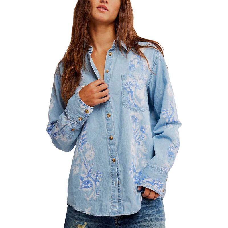フリーピープル レディース トップス Tシャツ デニム Free People Airbrushed Blossom Denim Top Womens Sky Blue Med Indigo インディゴ