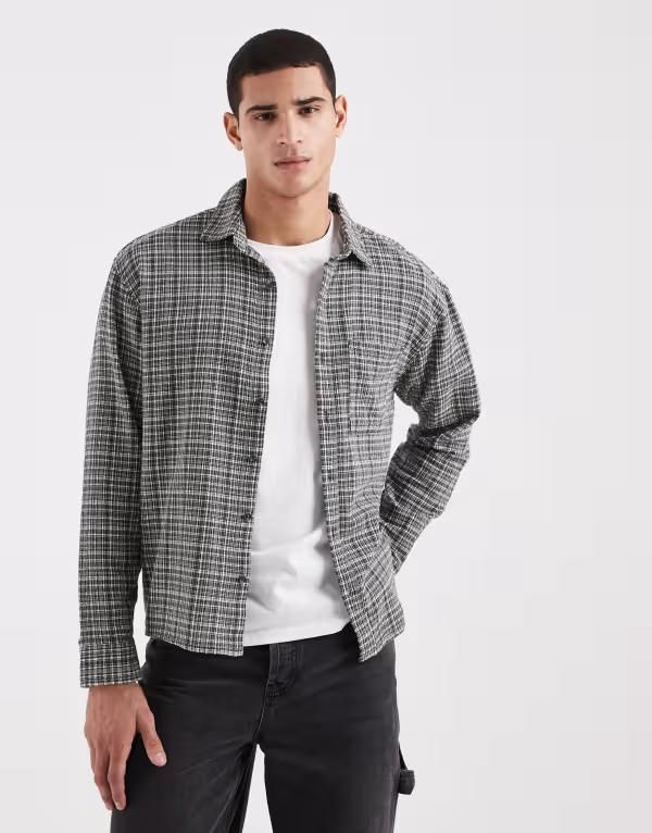 コットンオン メンズ トップス シャツ Cotton long sleeve textured plaid shirt BLACK TEXTURED PLAID ブラック