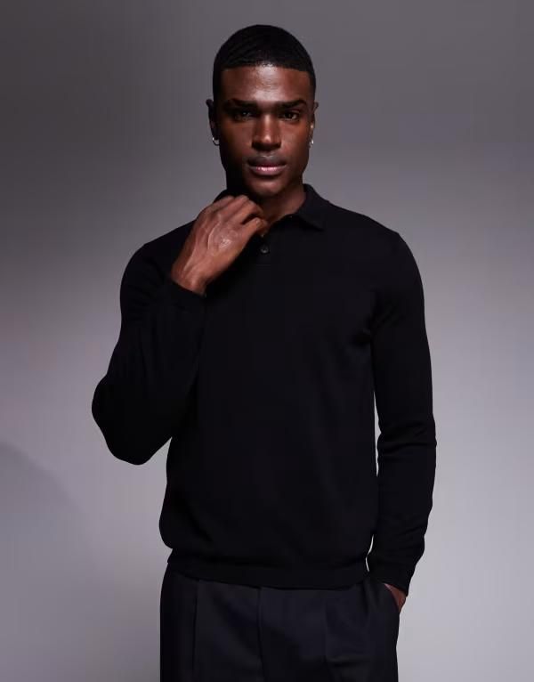 エイソス メンズ トップス ポロシャツ ニット ASOS DESIGN knit long sleeve polo Black ブラック