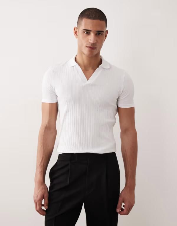 エイソス メンズ トップス ポロシャツ ASOS DESIGN muscle fit polo texture WHITE ホワイト