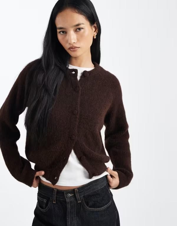 エイソス レディース アウター カーディガン ウール ニット ASOS DESIGN knit bubble hem cardigan with wool BROWN ブラウン