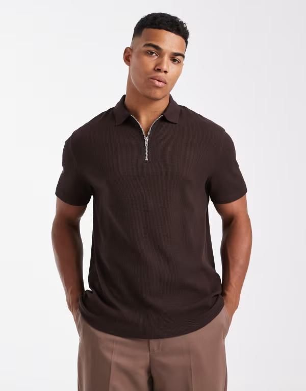 エイソス メンズ トップス ポロシャツ ASOS DESIGN zipolo shirt in dark brown waffle Mole ブラウン