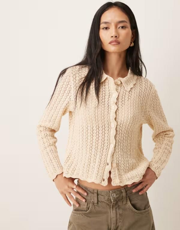 ジェイディーワイ レディース アウター カーディガン ポロシャツ ニット JDY open knit polo neck cardigan in cream BIRCH クリーム
