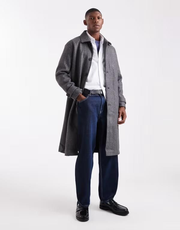 オンリーアンドサンズ メンズ アウター コート ウール ONLY SONS faux wool longline overcoat in charcoal Black ブラック