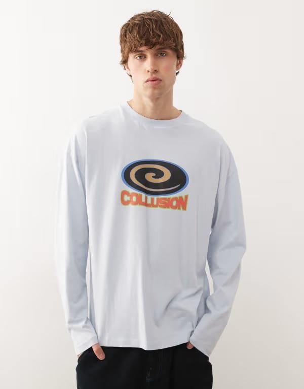 コルージョン メンズ トップス Tシャツ プリント COLLUSION long sleeve baby blue Tshirt with print BLUE ブルー 7,186円