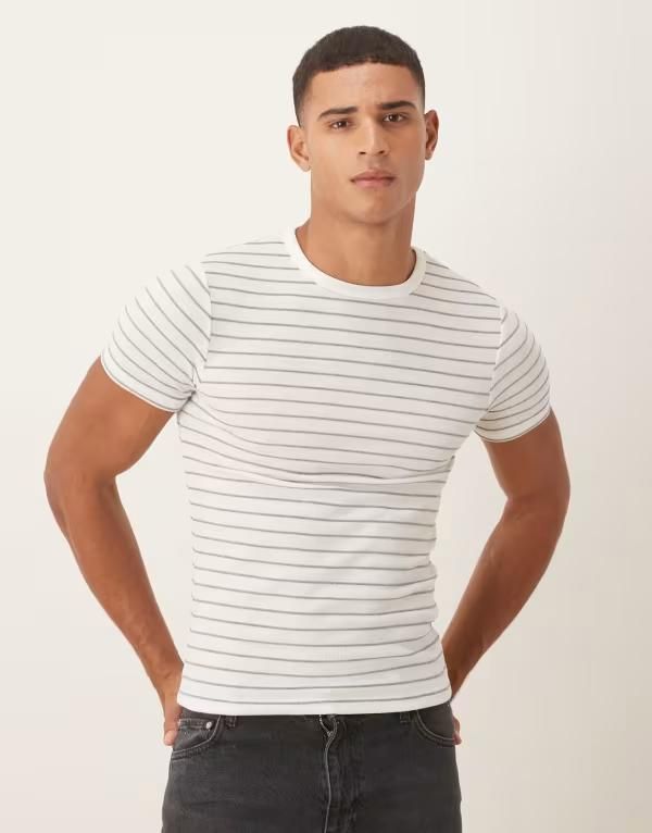 エイソス メンズ トップス Tシャツ ASOS DESIGN muscle fit Tshirt and brown stripe White brown ホワイト