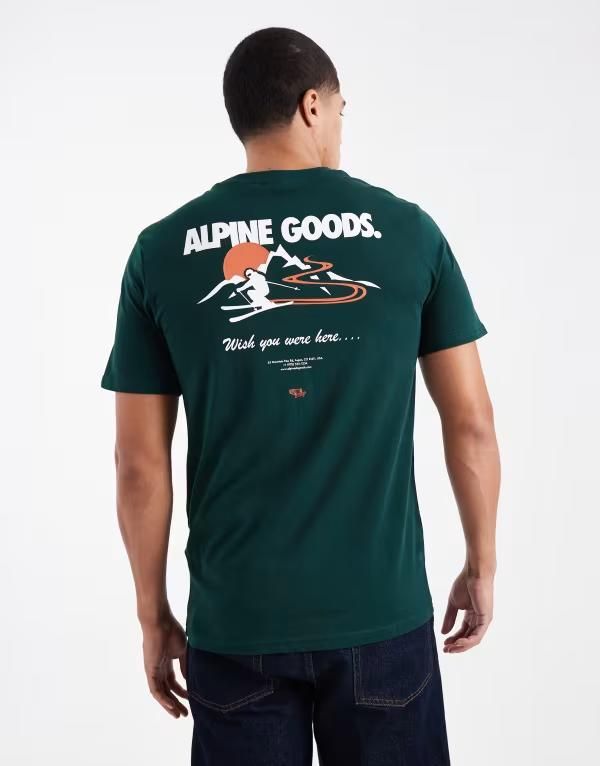 オンリーアンドサンズ メンズ トップス Tシャツ オーバーサイズフィット プリント シャツ ONLY SONS oversized fit Tshirt with alpine back print in dark Pine ALPINE GOOD グリーン