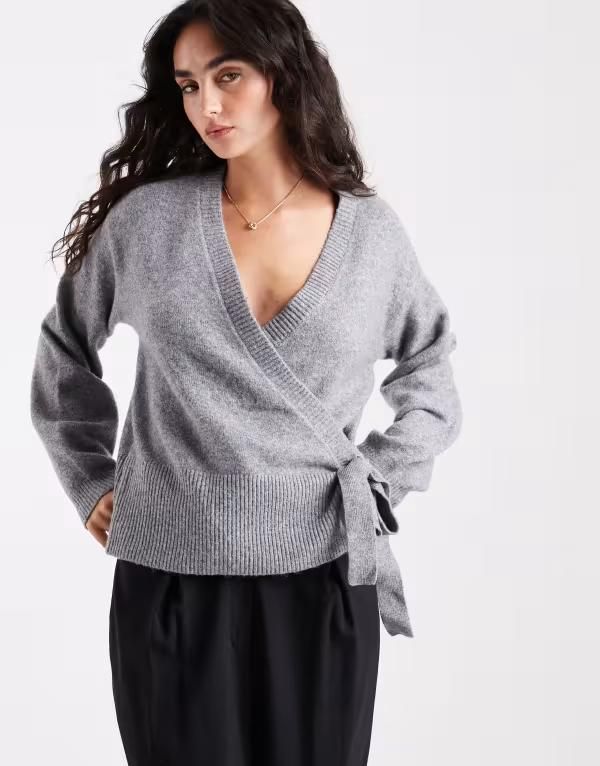 ピーシーズ レディース アウター ニット・セーター セーター ニット Pieces tie side knit sweater in medium gray melange Medium Gray グレー