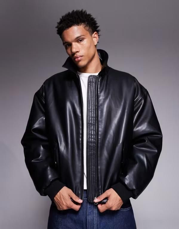 エイソス メンズ アウター ジャケット・ブルゾン レザー フェイクレザー ジャケット ASOS DESIGN bomber jacket in faux leather Black ブラック