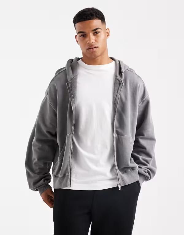 コットンオン メンズ アウター ニット・セーター クロップド パーカー Cotton On cropped zip up hoodie Gray グレー