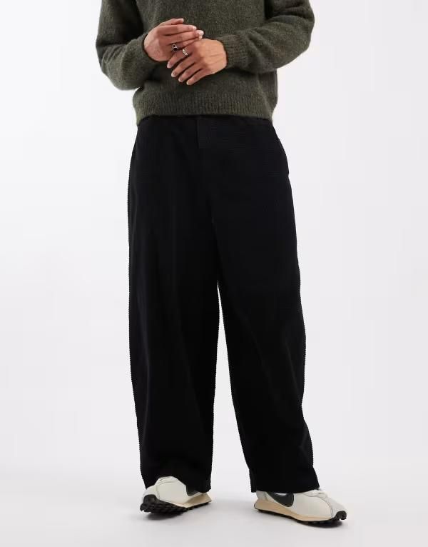 エイソス メンズ ボトムス カジュアルパンツ コーデュロイ パンツ ASOS DESIGN oversized baggy pants bubble corduroy Black ブラック
